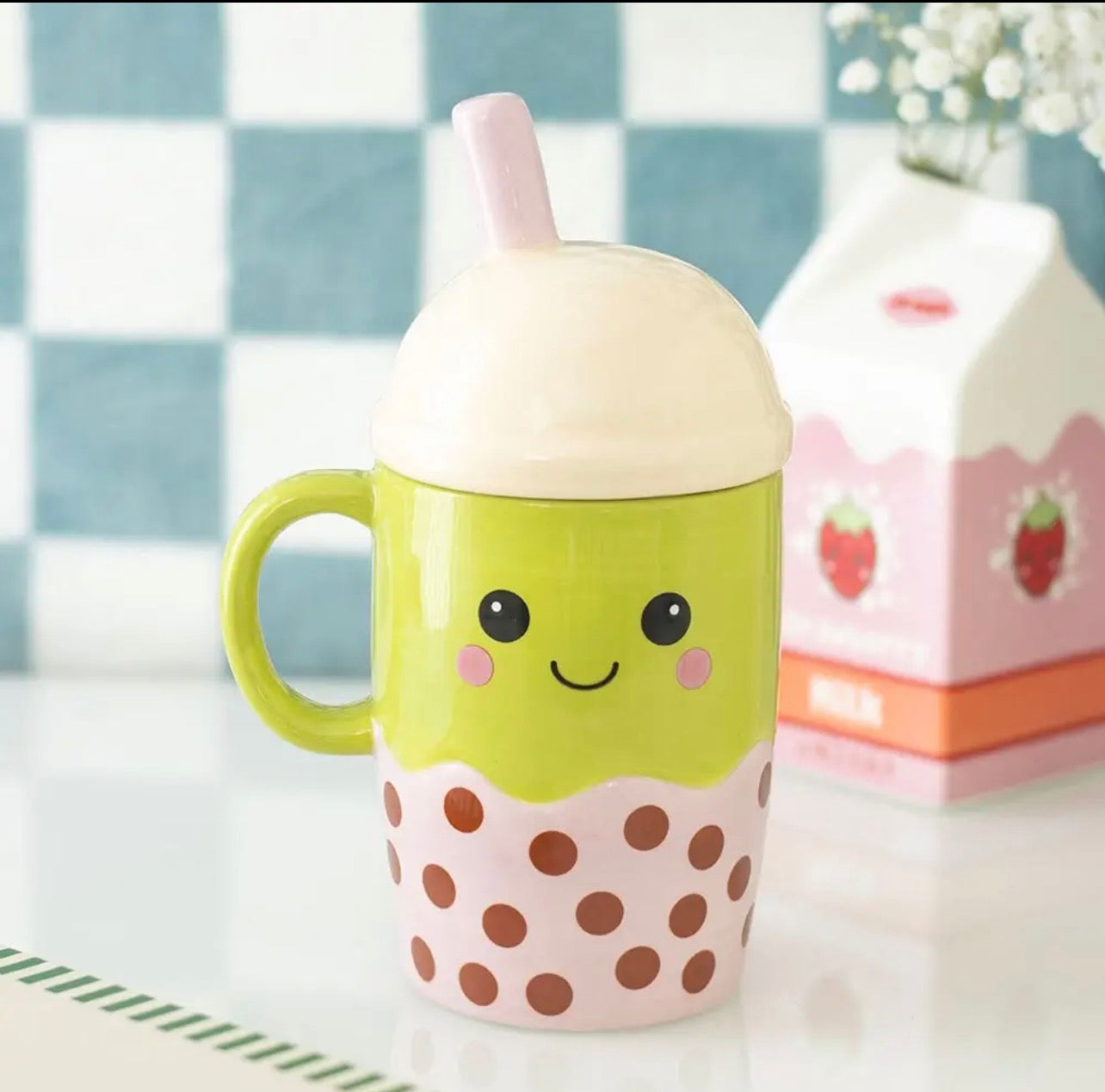 Mug kawaii à couvercle pour bubble tea