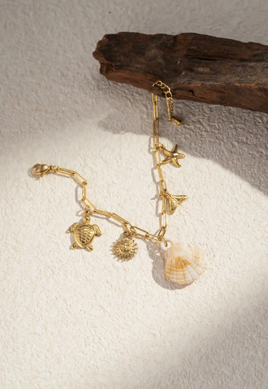 Bracelet breloques mer acier inoxydable coquillage tortue