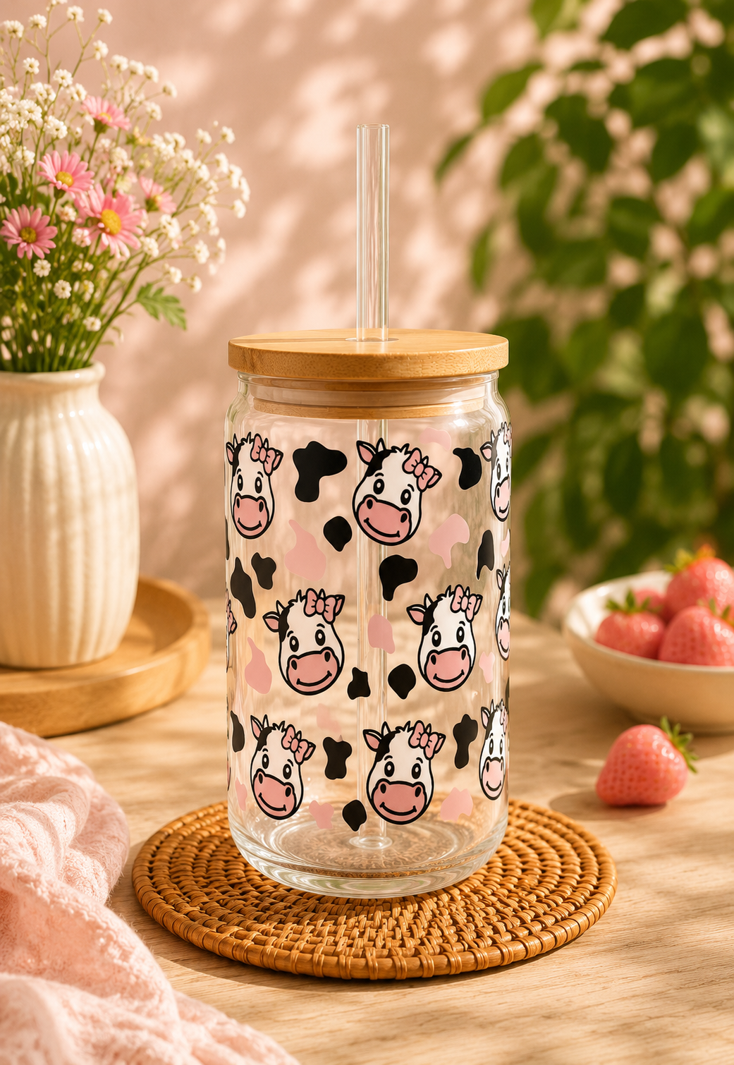 Verre tête de vache noeud rose