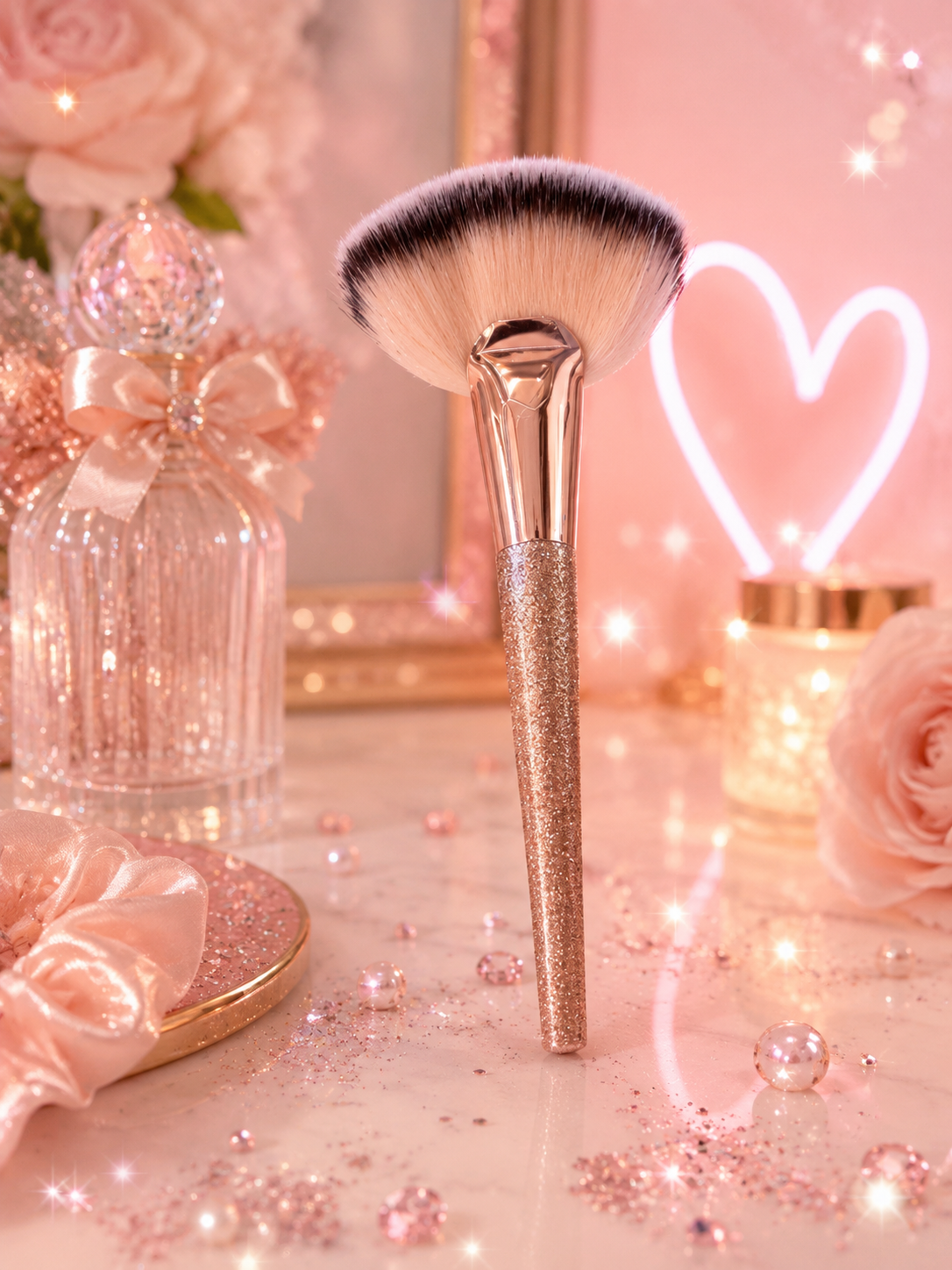 ✨ Pinceau éventail pailleté – Rose Gold