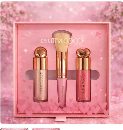🩷✨ Coffret Makeup Highlighter & Blush Liquide + Pinceau – Kevin & Coco