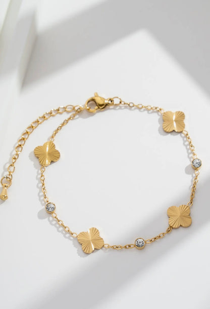 Bracelet acier inoxydable trèfle doré cristaux scintillants