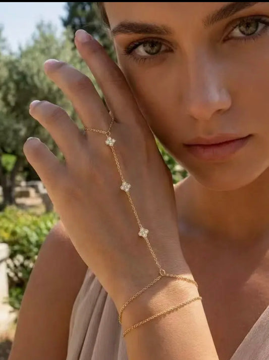 Bracelet main fleurs scintillantes doré acier inoxydable