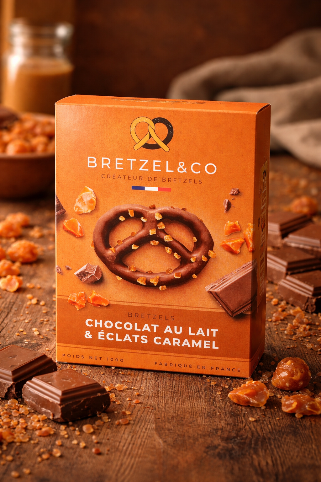 bretzel chocolat au lait - éclats de caramel - 100g