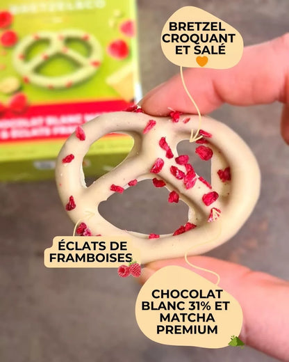 Bretzel chocolat blanc matcha - éclats de framboises - 100g