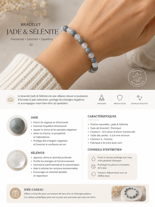 Bracelet Harmonie en Jade & Sélénite – Pierre de Sérénité et d’Équilibre