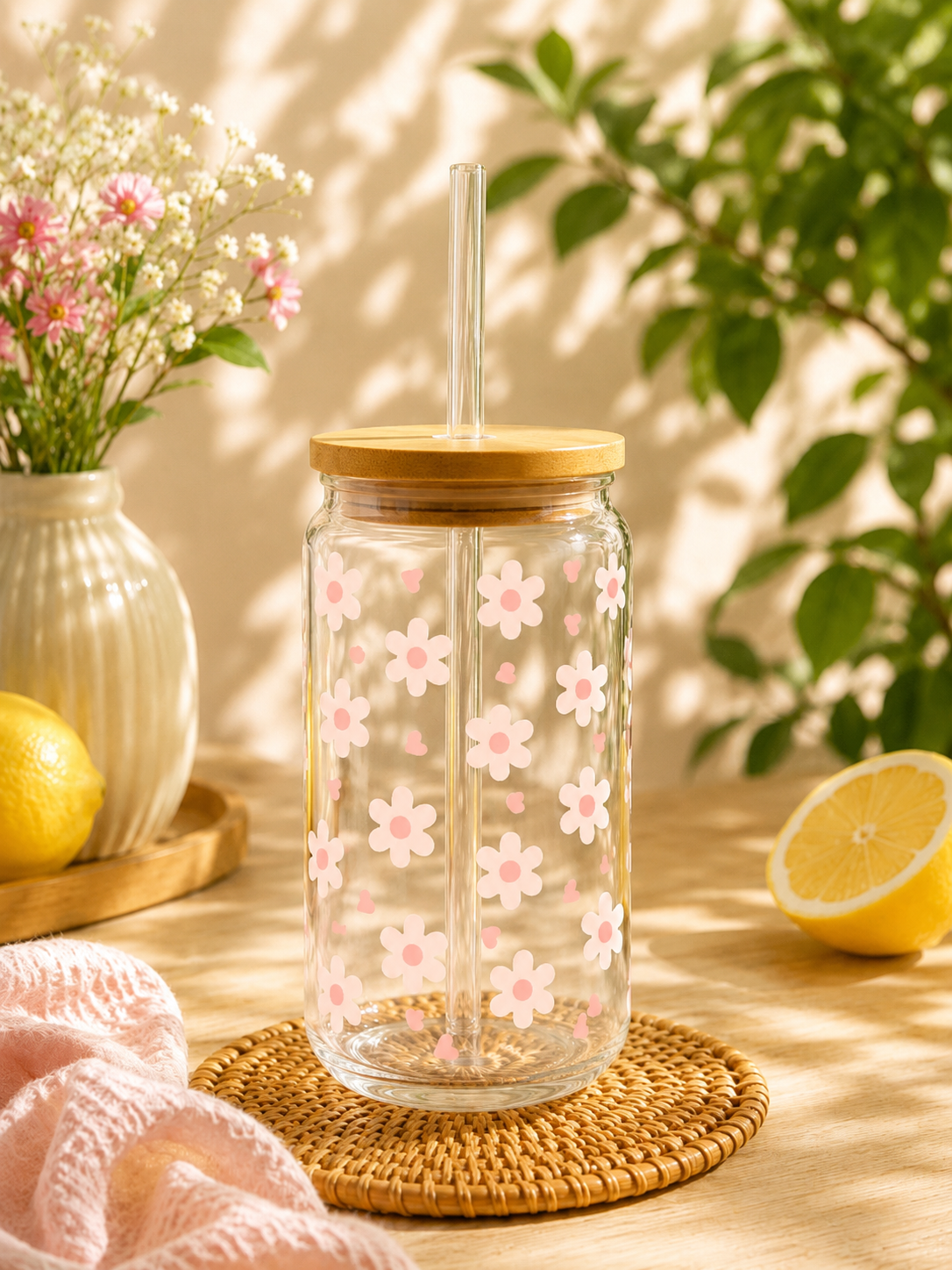 Verre  cute Summer marguerite rose paille courbe