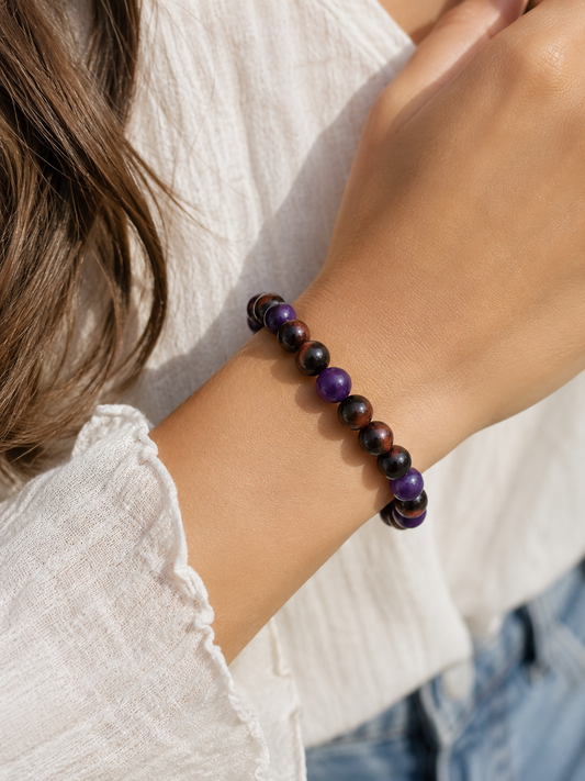 Bracelet Harmonie Protectrice 💜œil de tigre et améthyste