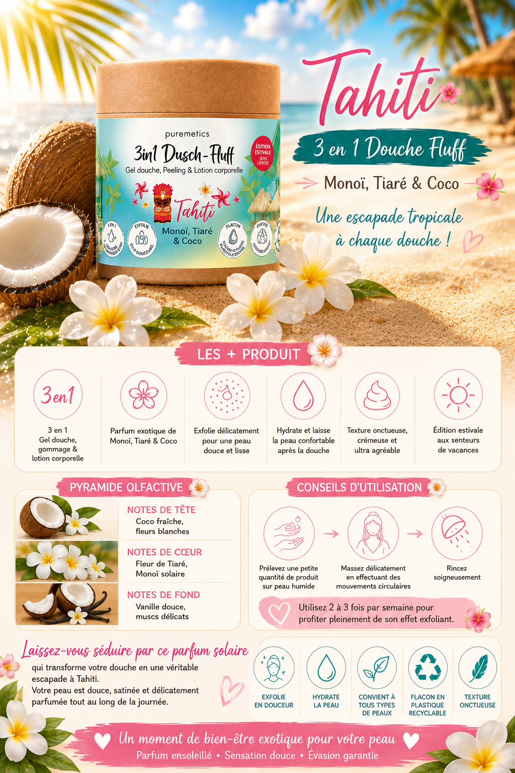 Mousse de douche 3 en 1 « Tahiti : Monoï, Tiaré & Noix de coco