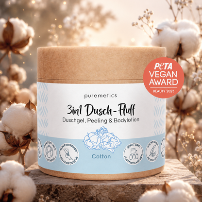 Fluff douche 3-en-1 « coton » : gel douche, gommage et lotion