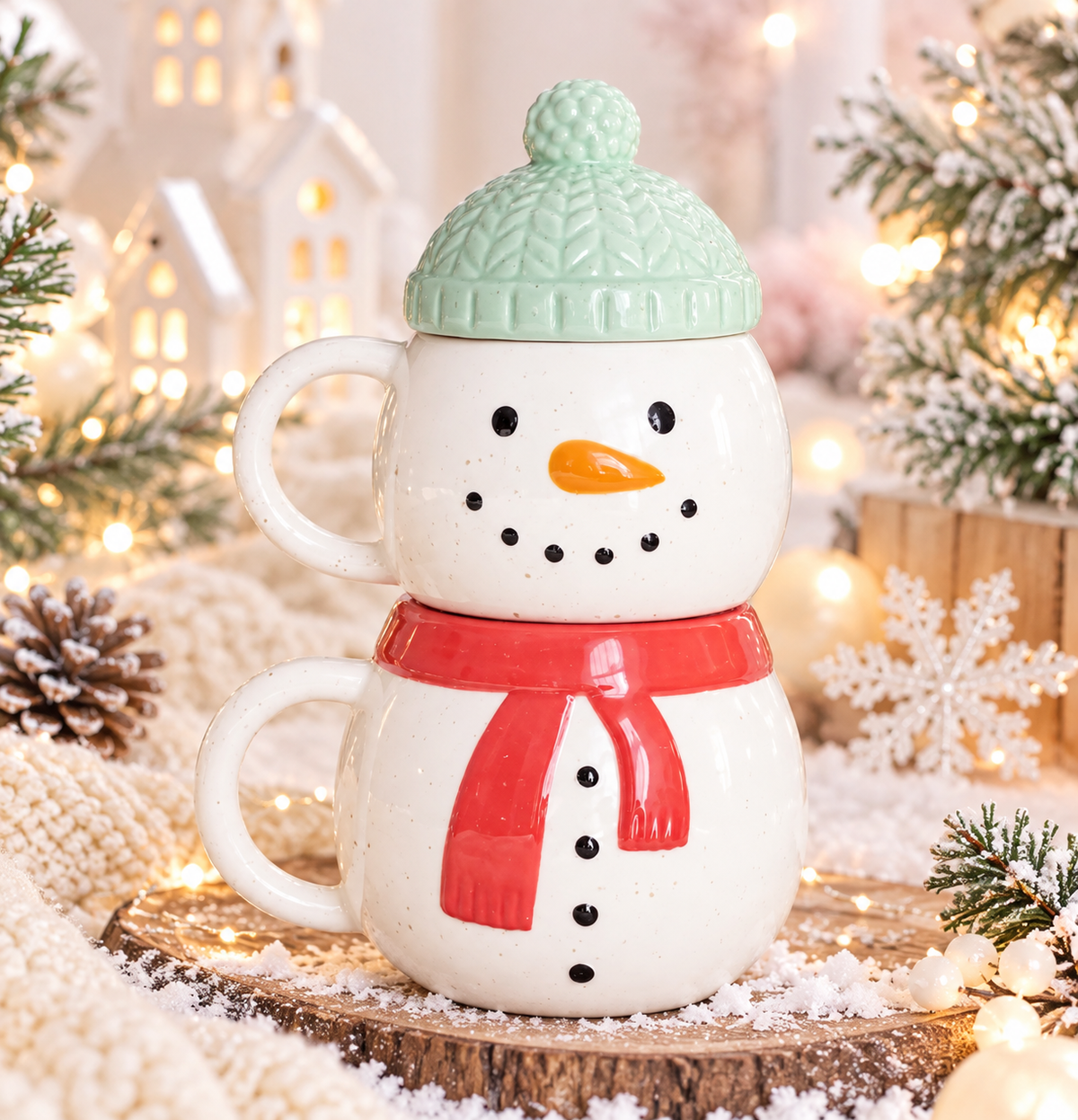 Lot de 2 mugs empilables bonhommes de neige d'hiver