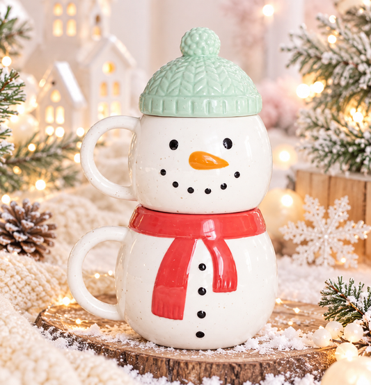 Lot de 2 mugs empilables bonhommes de neige d'hiver